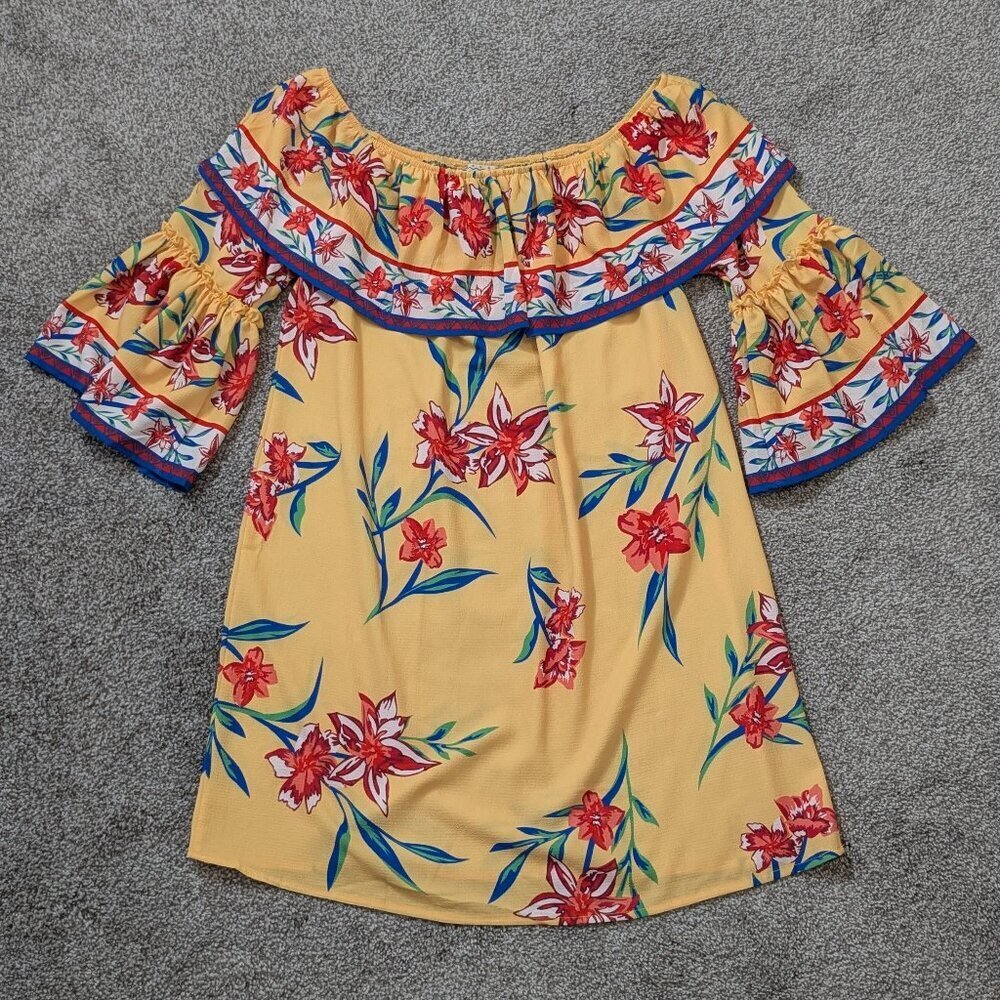 FLYING TOMATO Yellow & Red Ruffled Boho Peasant Tropical Mini Dress; Size S